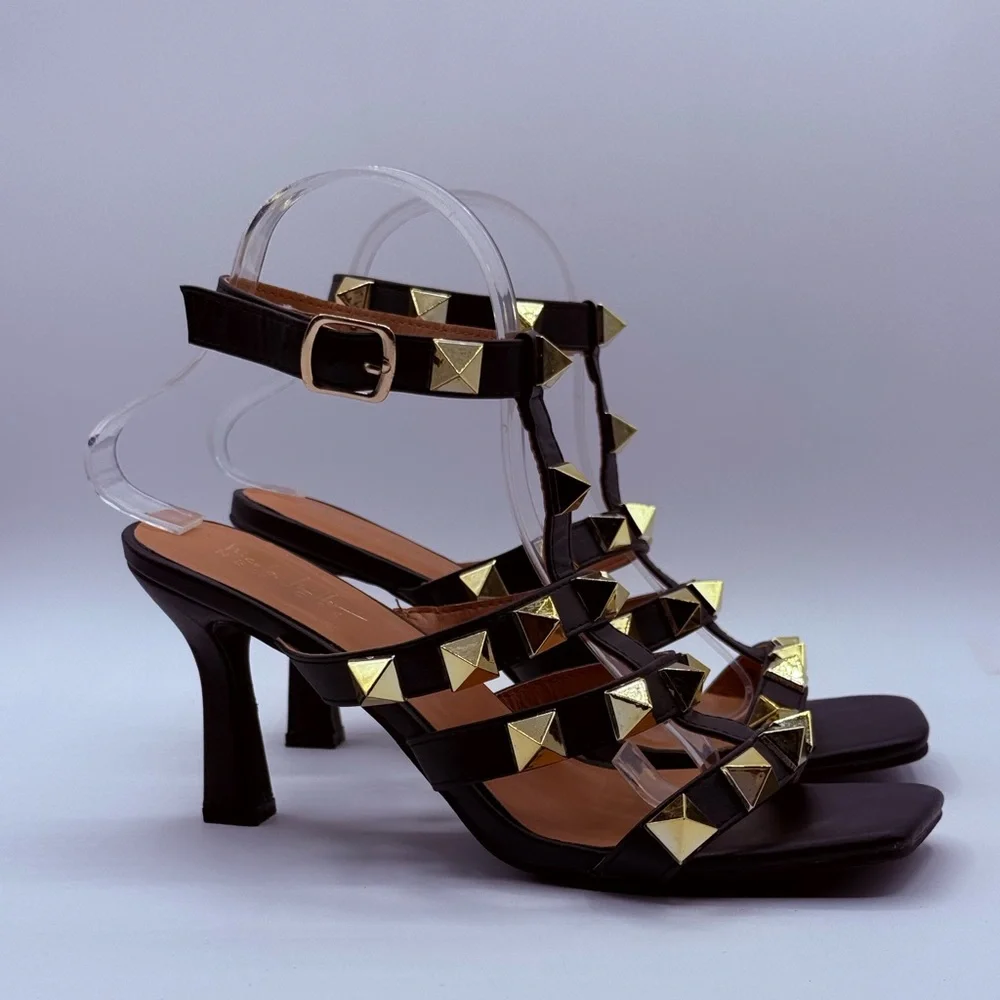 Nicole Miller NY Gold Studded Black Heeled Sandals – Ankle Strap Fashion Heels - Picture 14 of 16